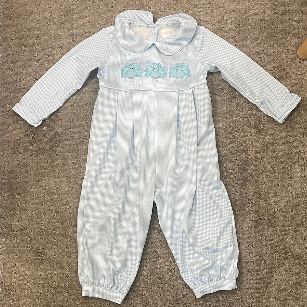 Blue Gingham 2T One Piece with Turkey design